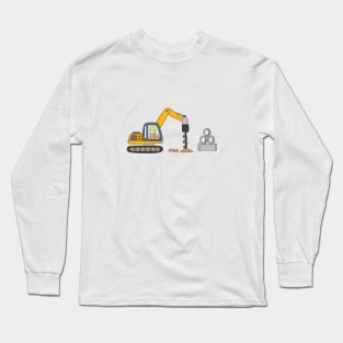 Kids drawing construction site with drill excavator with pile of huge pipes Long Sleeve T-Shirt